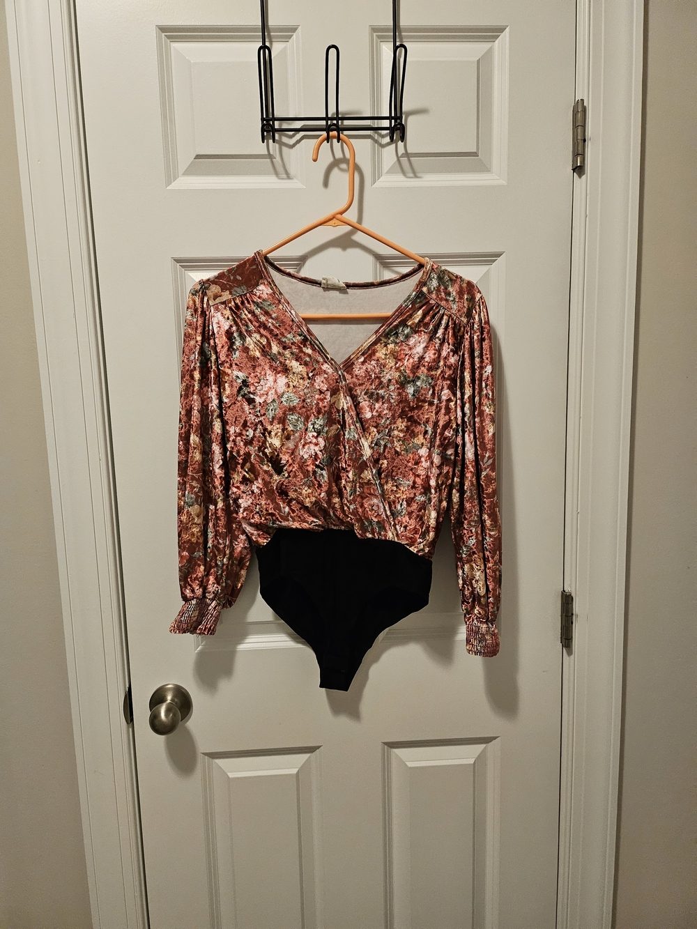 Peach Love California Rose Gold Floral Velvet Bodysuit